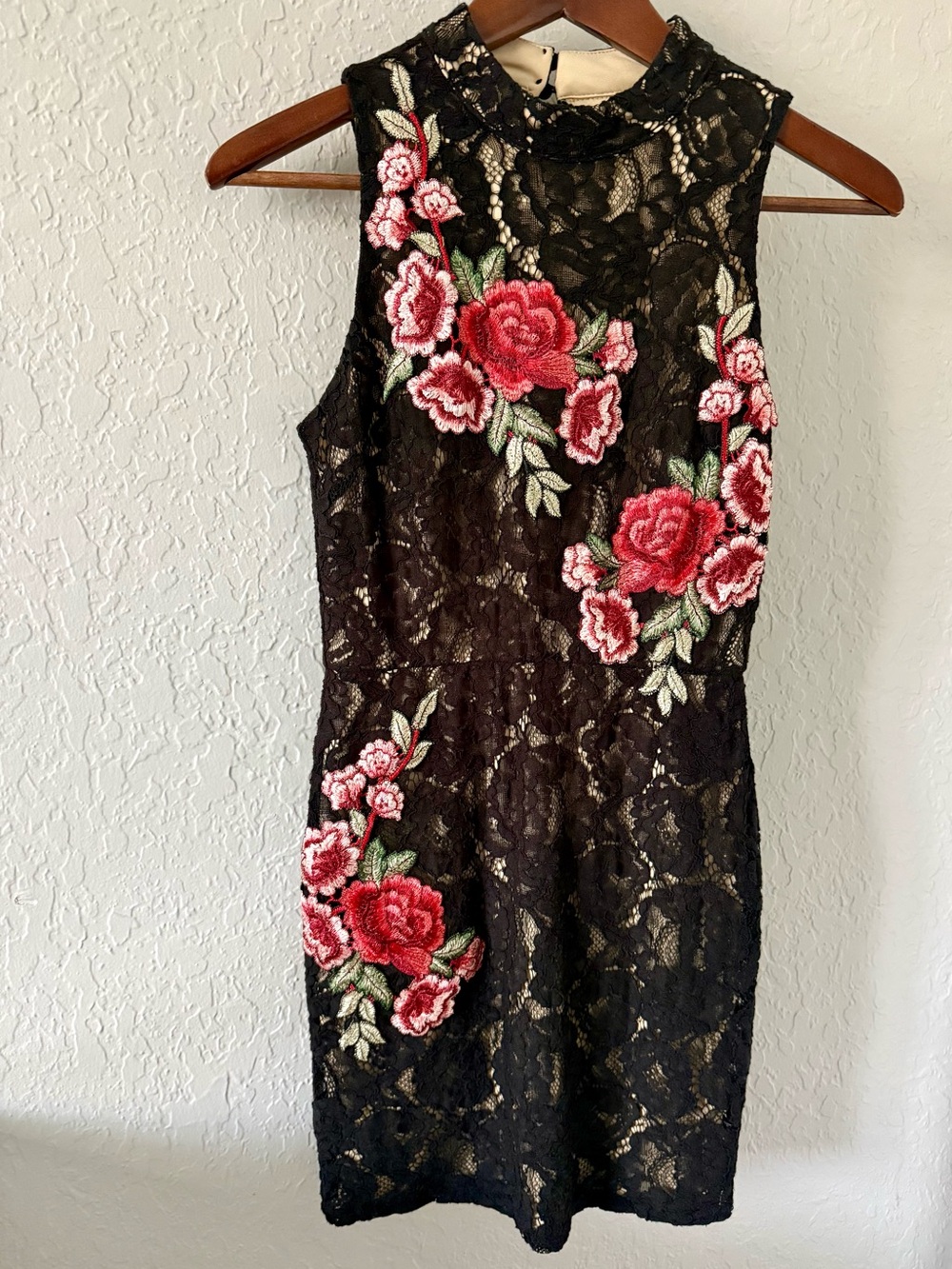 As U Wish Black Lace Mini Dress with Red & Pink Rose Appliqué